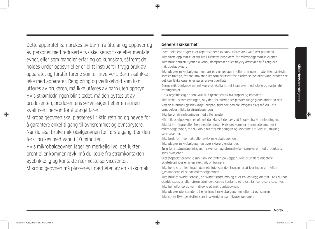 Samsung MS23K3555EW/EE manual Generell sikkerhet 