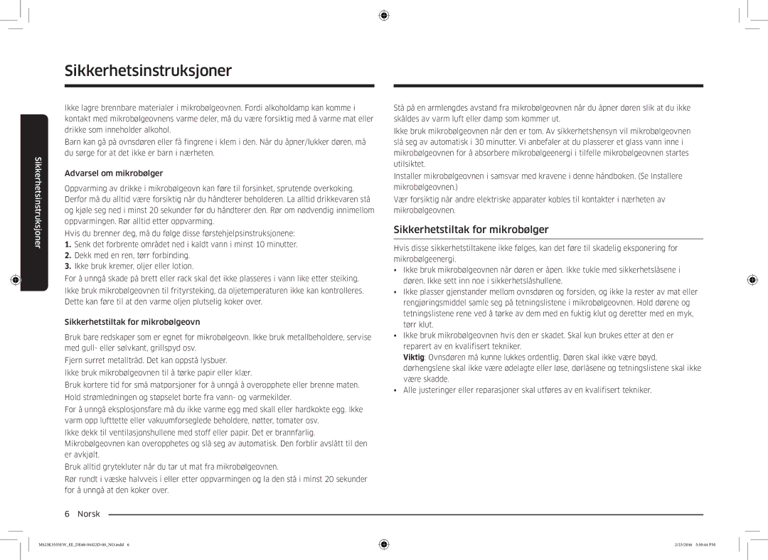 Samsung MS23K3555EW/EE manual Sikkerhetstiltak for mikrobølger 