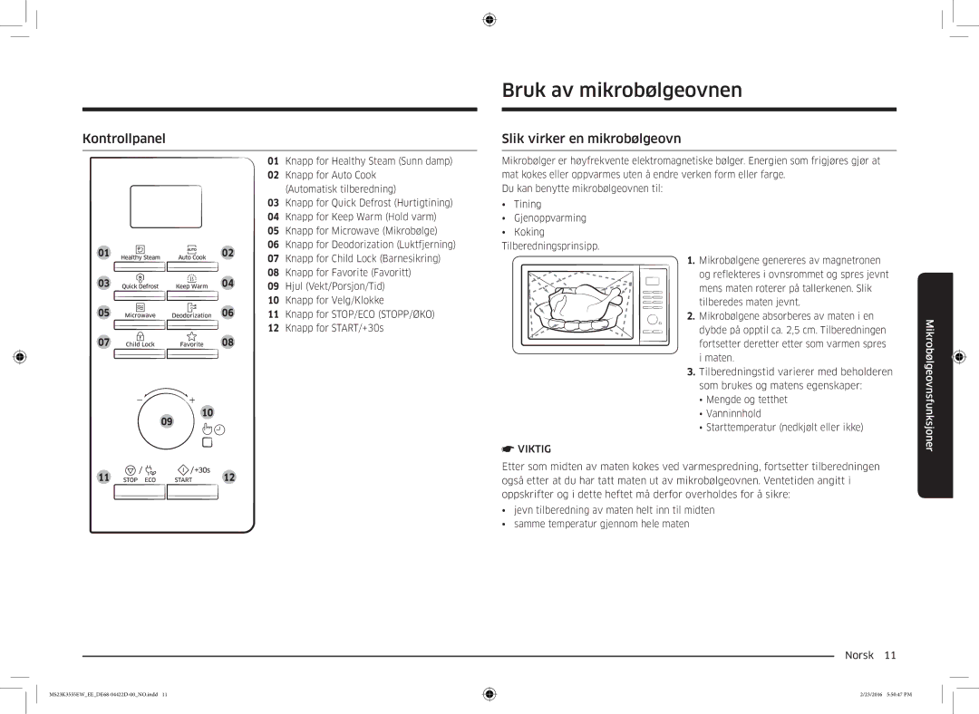 Samsung MS23K3555EW/EE manual Bruk av mikrobølgeovnen, Kontrollpanel, Slik virker en mikrobølgeovn 