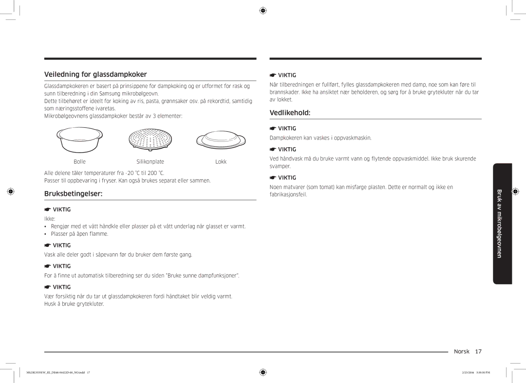 Samsung MS23K3555EW/EE manual Veiledning for glassdampkoker, Bruksbetingelser 