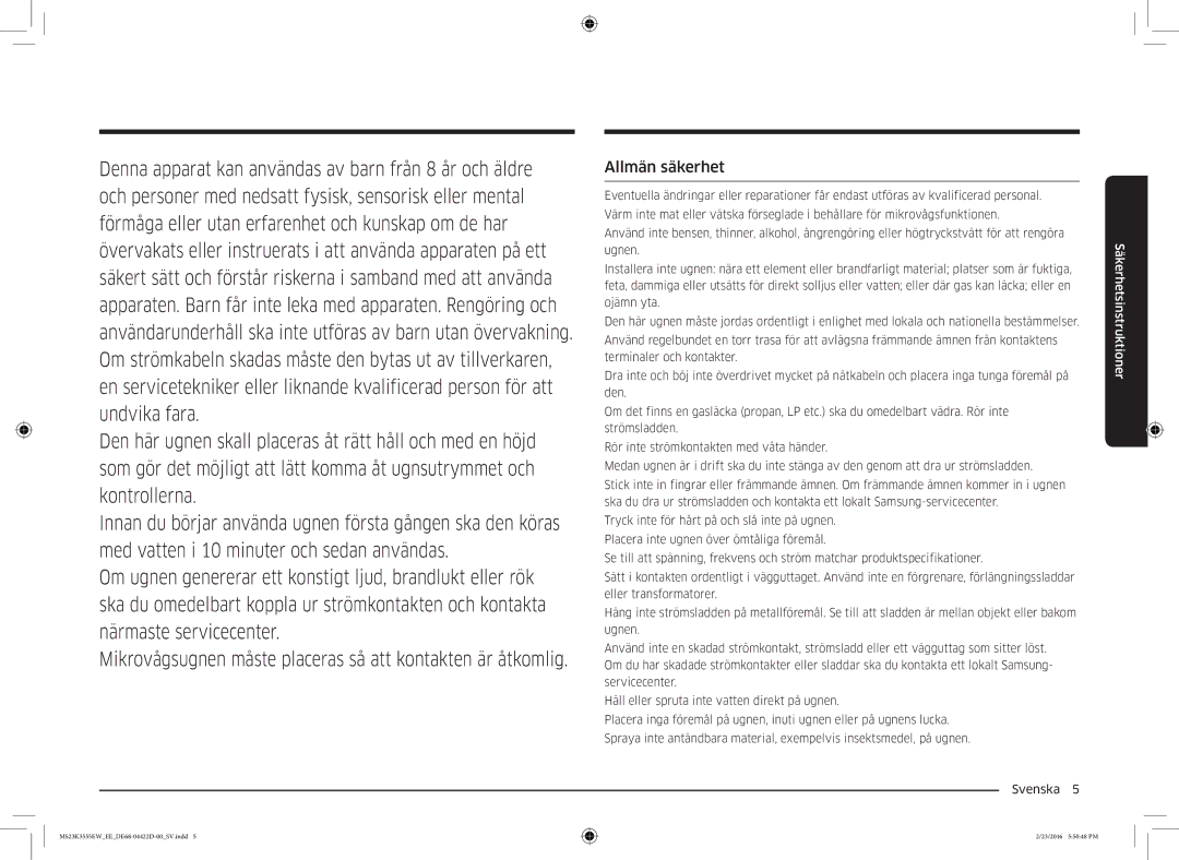 Samsung MS23K3555EW/EE manual Allmän säkerhet 