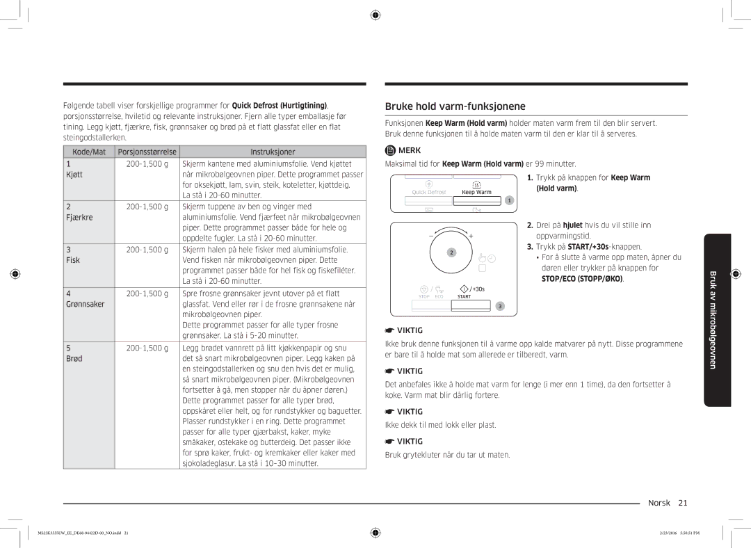 Samsung MS23K3555EW/EE manual Bruke hold varm-funksjonene, Viktig 