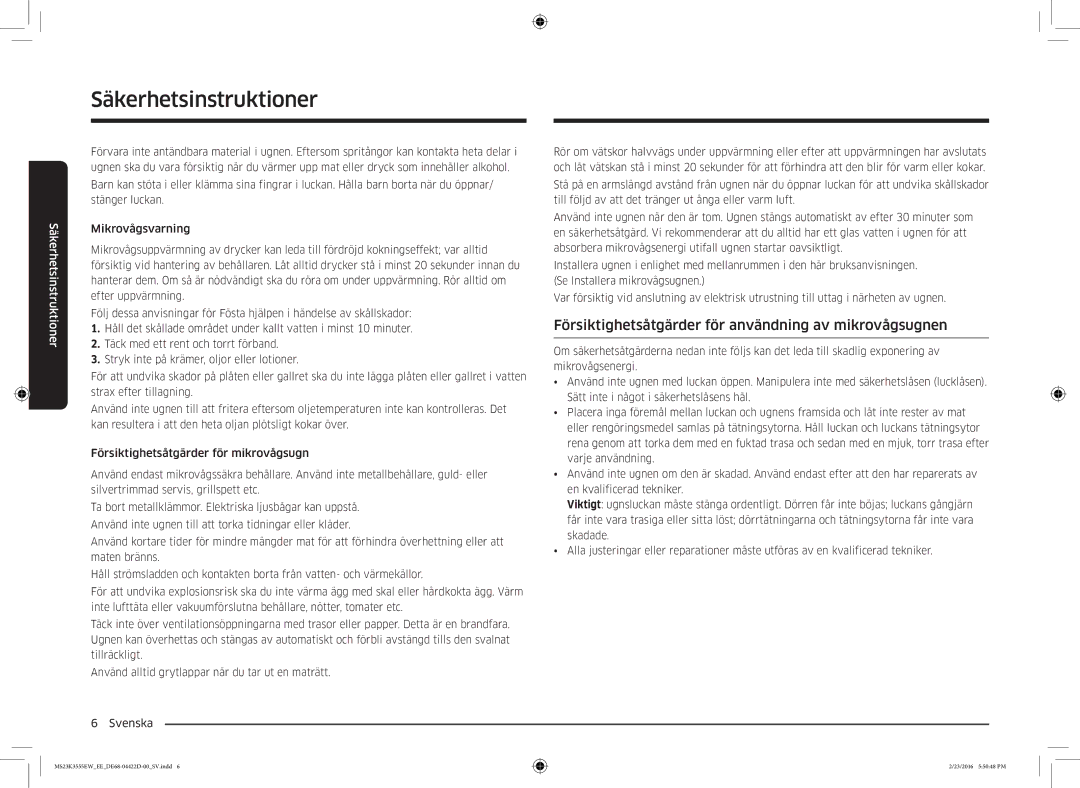 Samsung MS23K3555EW/EE manual Försiktighetsåtgärder för användning av mikrovågsugnen 