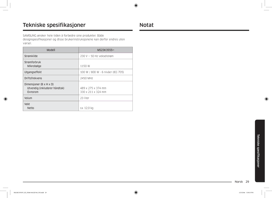 Samsung MS23K3555EW/EE manual Tekniske spesifikasjoner Notat 