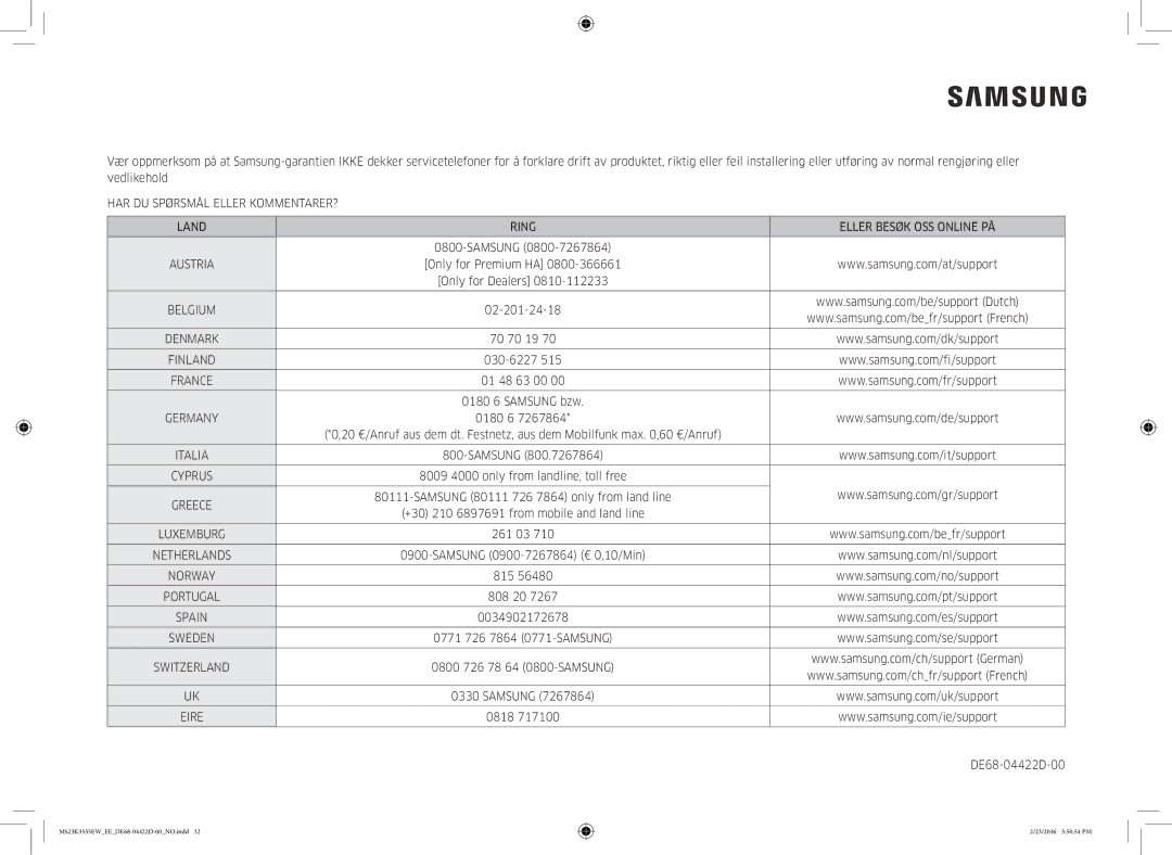 Samsung MS23K3555EW/EE manual MS23K3555EWEEDE68-04422D-00NO.indd 23/2016 55054 PM 