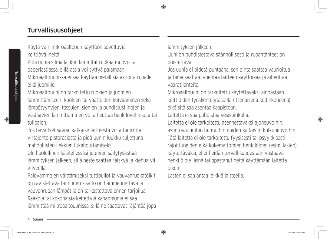 Samsung MS23K3555EW/EE manual Turvallisuusohjeet 