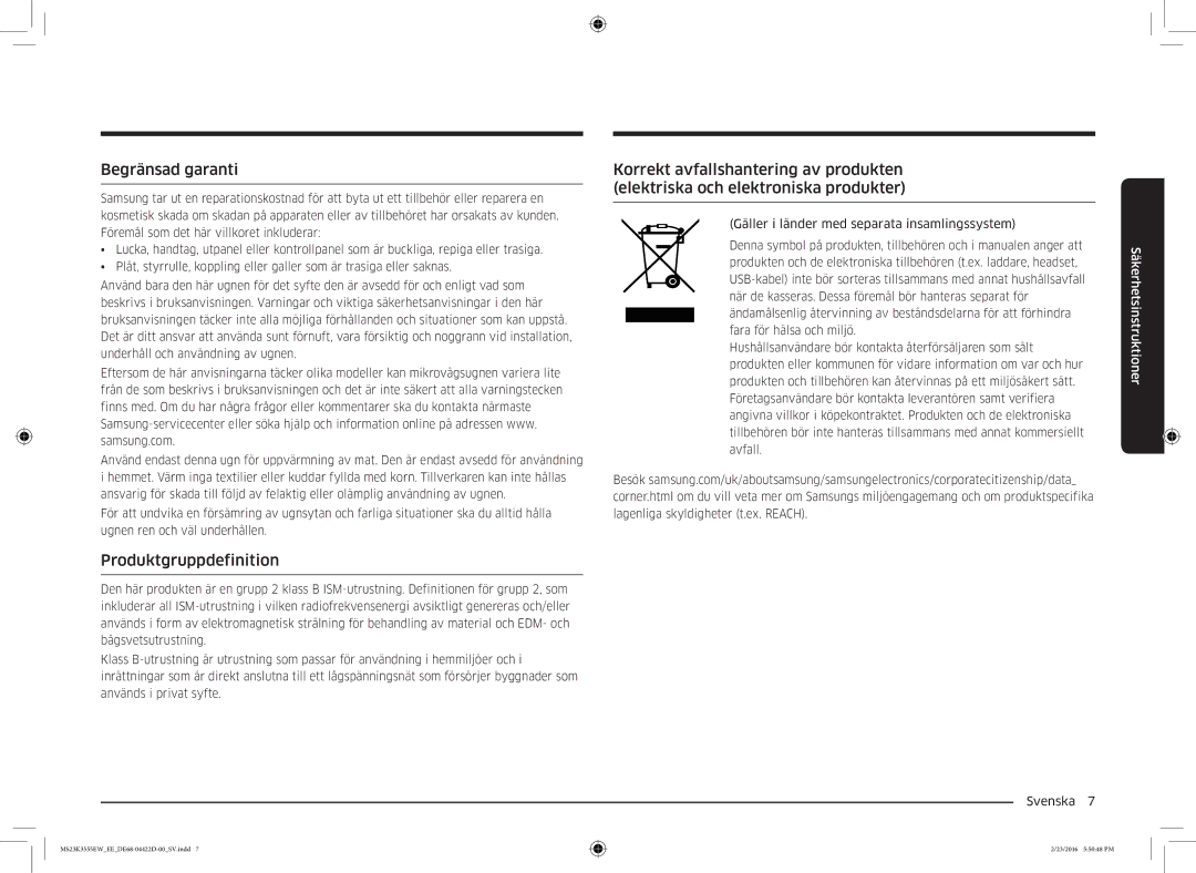 Samsung MS23K3555EW/EE manual Begränsad garanti, Produktgruppdefinition 