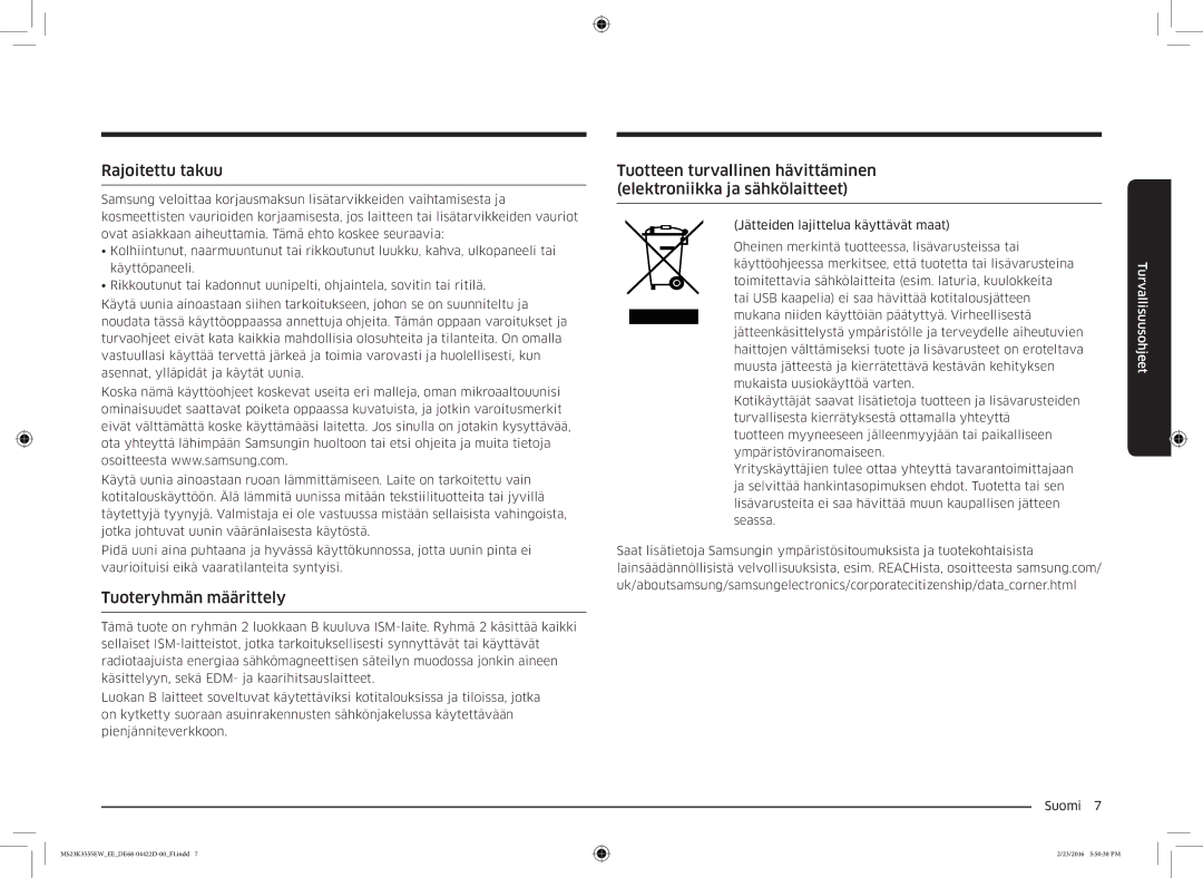 Samsung MS23K3555EW/EE manual Rajoitettu takuu, Tuoteryhmän määrittely 