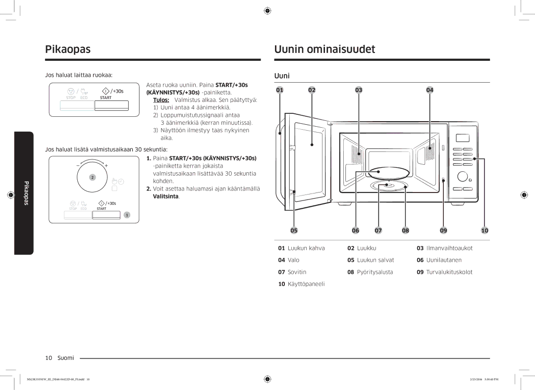 Samsung MS23K3555EW/EE manual Pikaopas, Uunin ominaisuudet, Paina START/+30s KÄYNNISTYS/+30s 