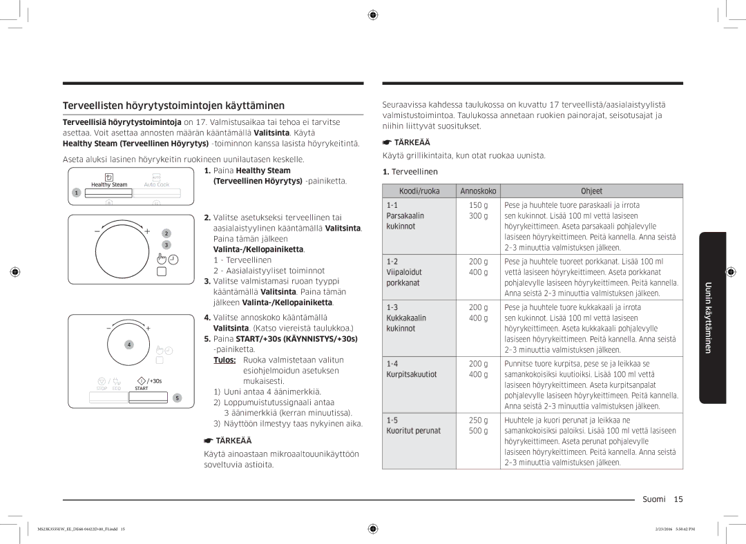 Samsung MS23K3555EW/EE manual Terveellisten höyrytystoimintojen käyttäminen, Terveellinen Höyrytys -painiketta 