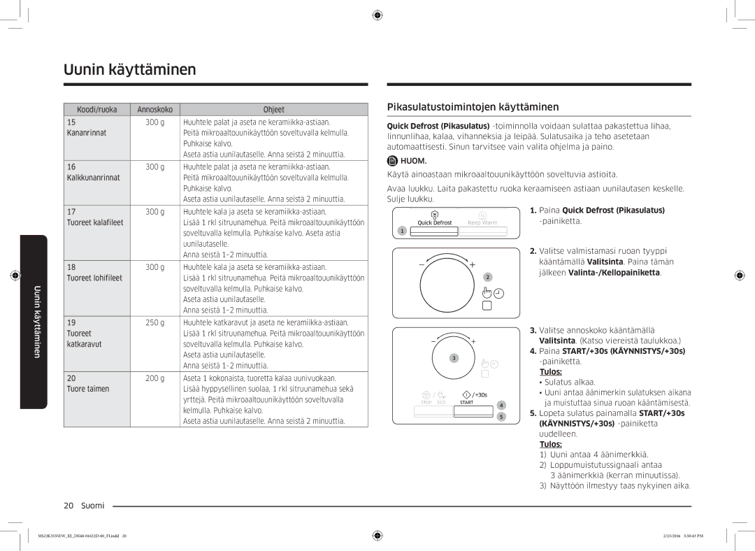 Samsung MS23K3555EW/EE manual Pikasulatustoimintojen käyttäminen, Paina Quick Defrost Pikasulatus 