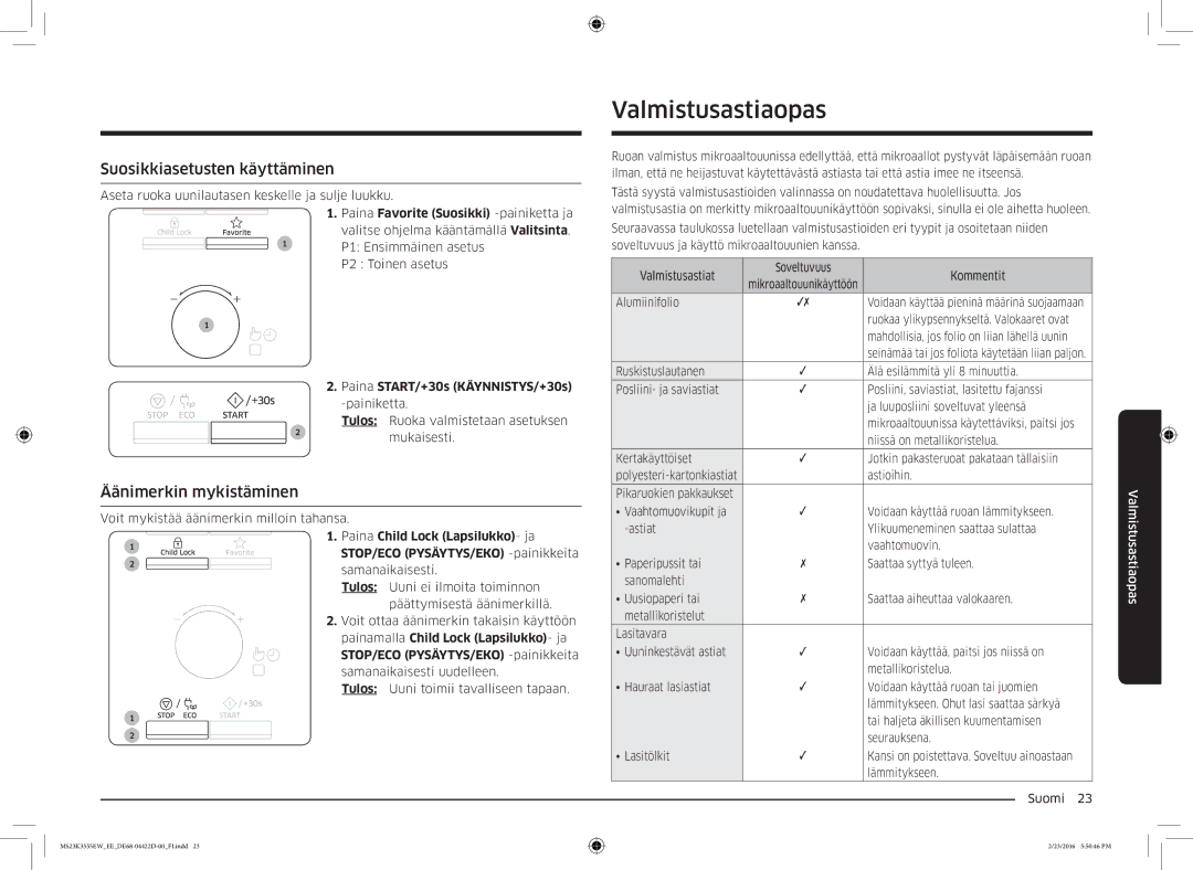 Samsung MS23K3555EW/EE manual Valmistusastiaopas, Suosikkiasetusten käyttäminen, Äänimerkin mykistäminen 