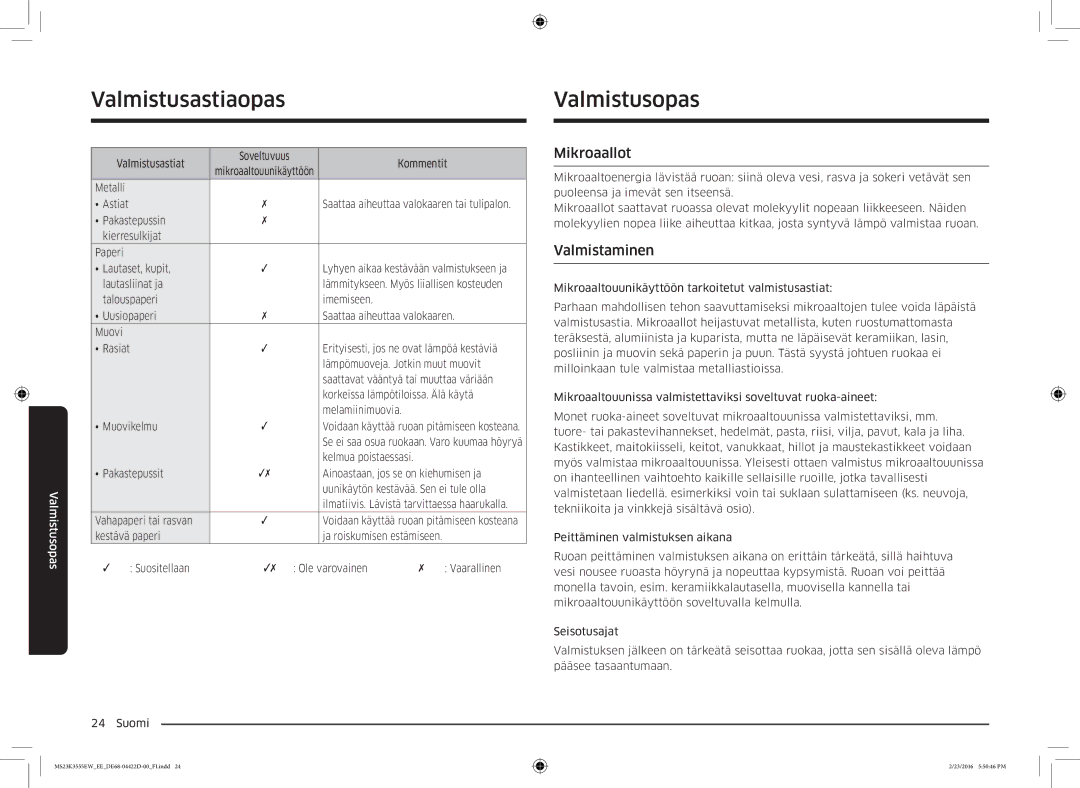 Samsung MS23K3555EW/EE manual Valmistusopas, Mikroaallot, Valmistaminen 