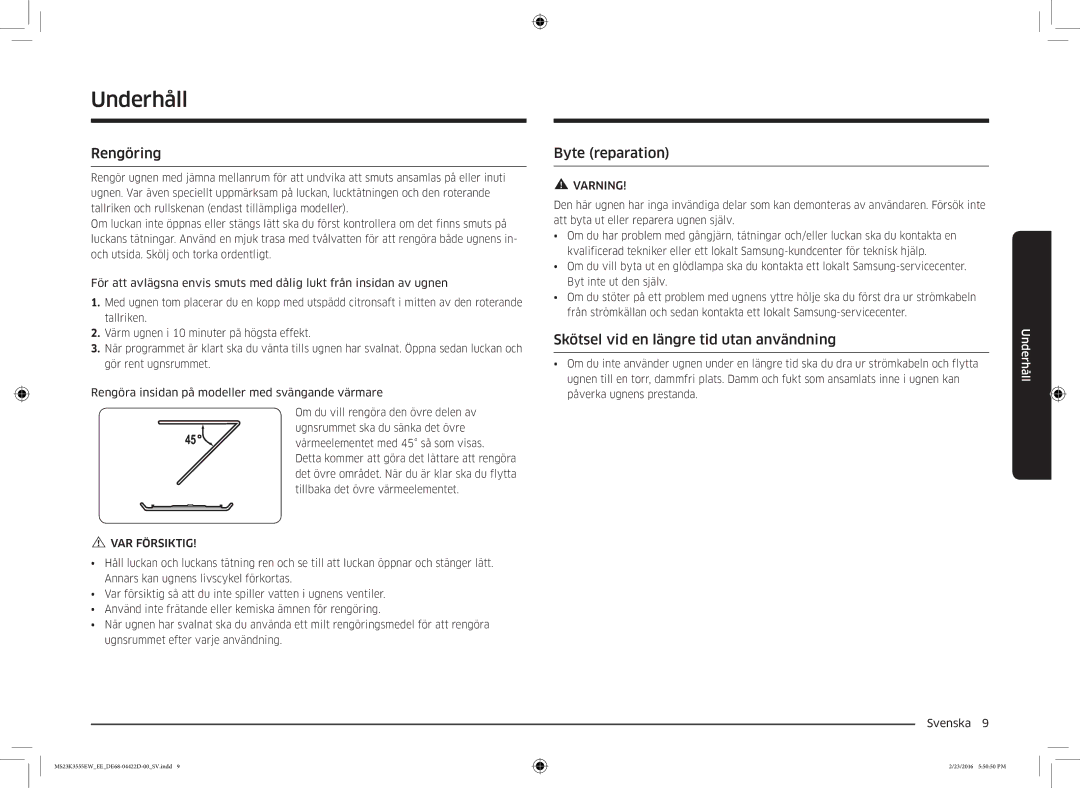 Samsung MS23K3555EW/EE manual Underhåll, Rengöring, Byte reparation, Skötsel vid en längre tid utan användning 