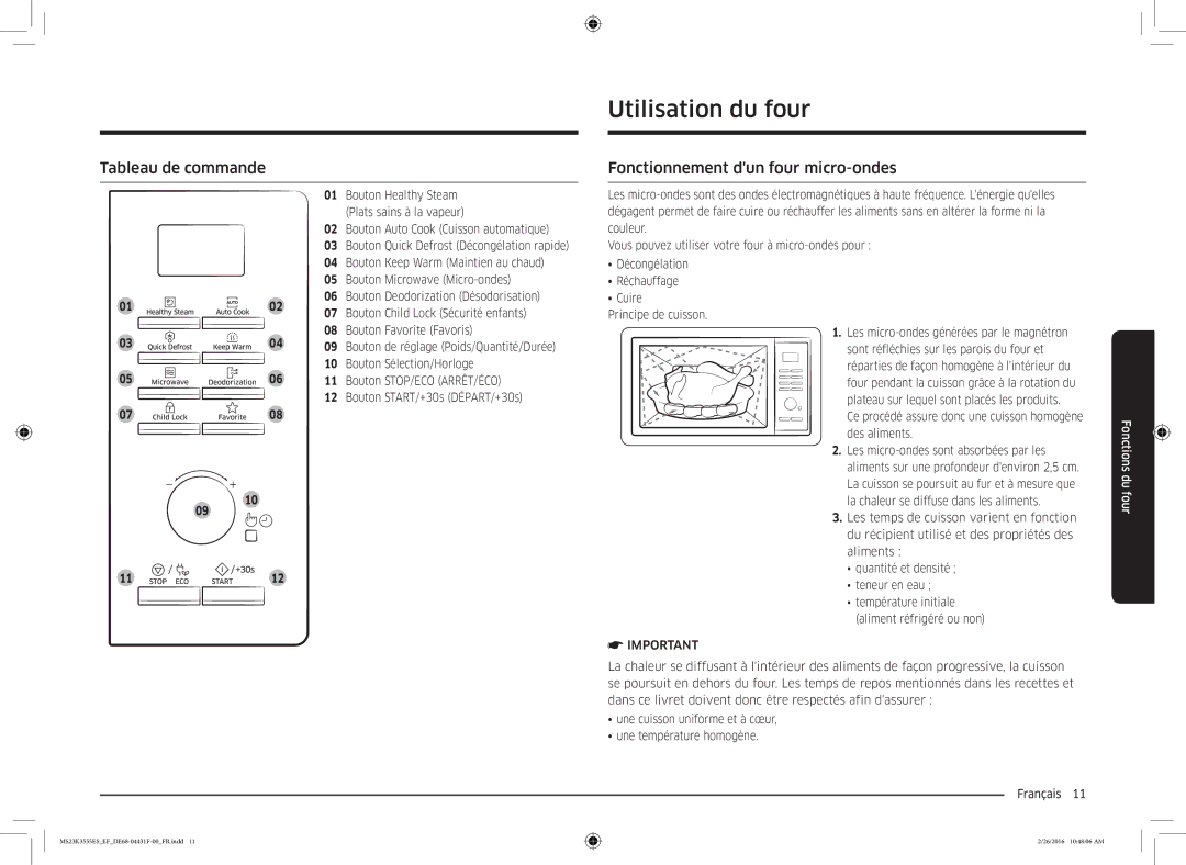 Samsung MS23K3555ES/EF, MS23K3555EW/EF manual Utilisation du four, Tableau de commande, Fonctionnement dun four micro-ondes 