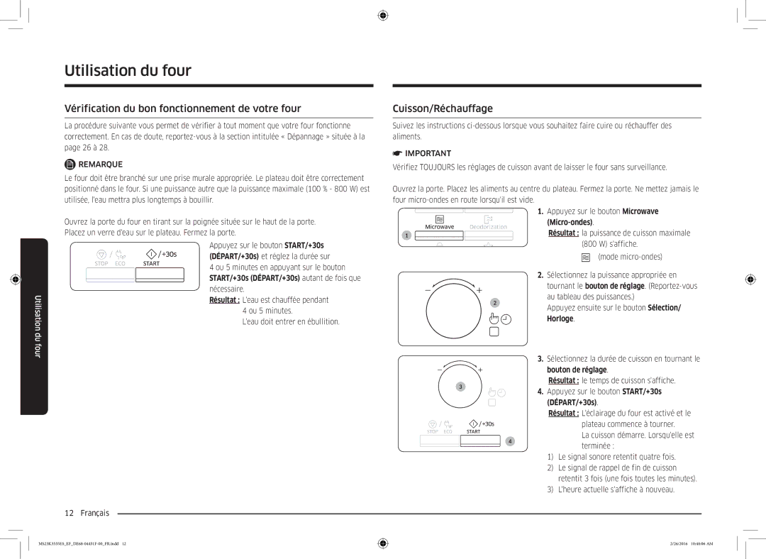 Samsung MS23K3555EW/EF, MS23K3555ES/EF manual Vérification du bon fonctionnement de votre four, Cuisson/Réchauffage 