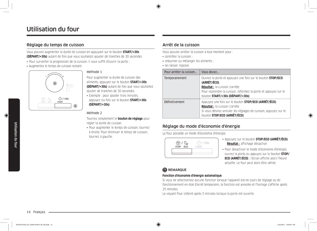 Samsung MS23K3555EW/EF Réglage du temps de cuisson, Arrêt de la cuisson, Réglage du mode déconomie dénergie, 1DÉPART/+30s 