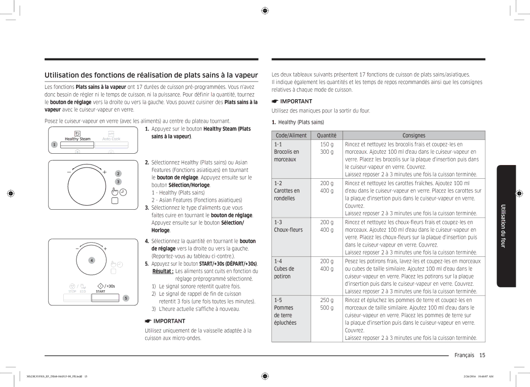 Samsung MS23K3555ES/EF, MS23K3555EW/EF manual Sains à la vapeur 