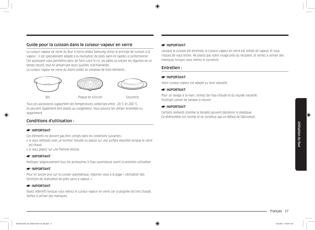 Samsung MS23K3555ES/EF, MS23K3555EW/EF manual Guide pour la cuisson dans le cuiseur-vapeur en verre, Conditions dutilisation 