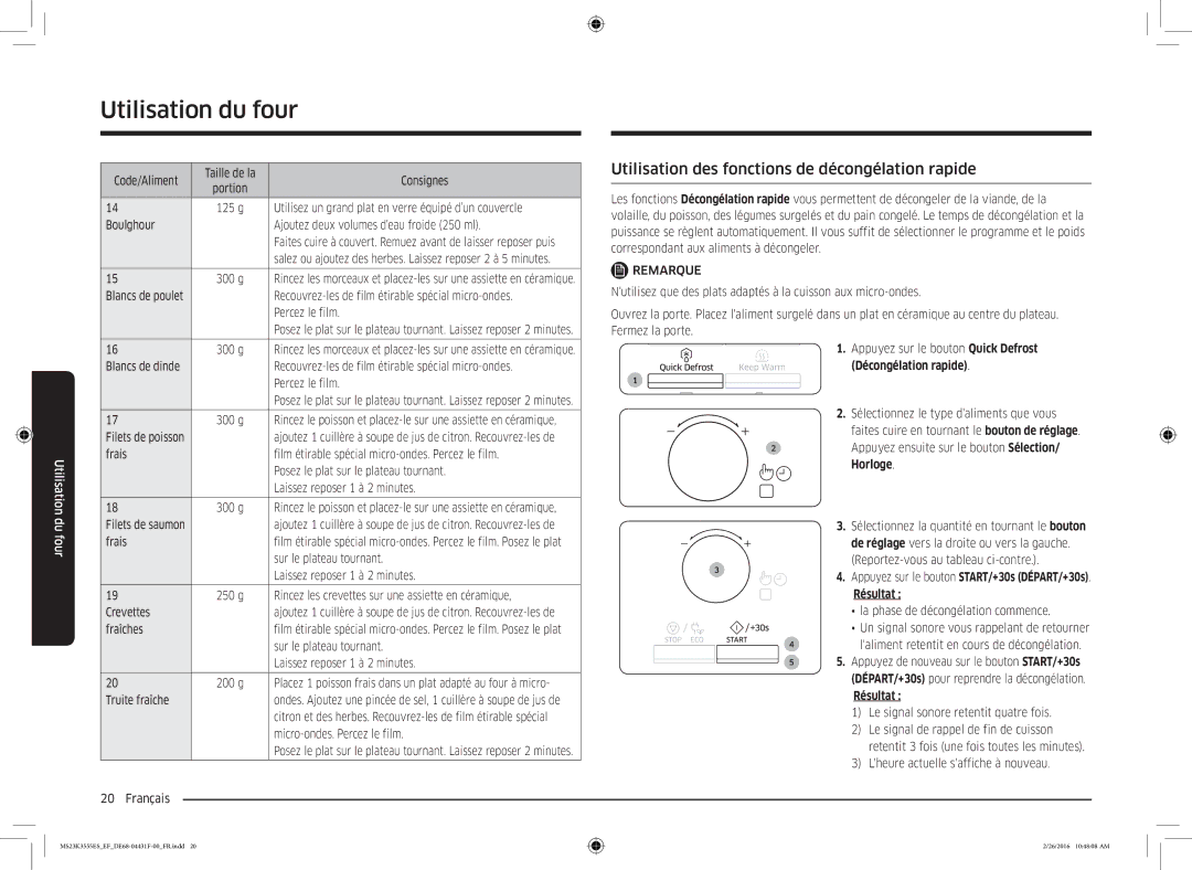 Samsung MS23K3555EW/EF, MS23K3555ES/EF manual Utilisation des fonctions de décongélation rapide 