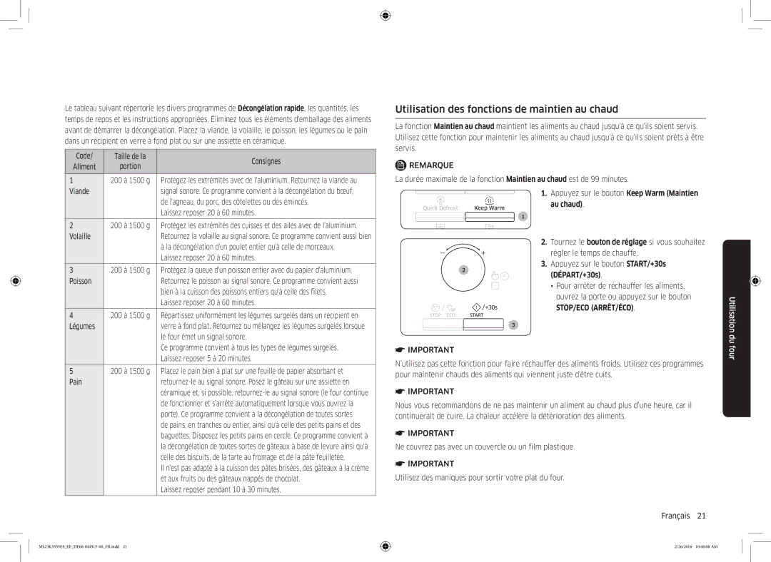 Samsung MS23K3555ES/EF, MS23K3555EW/EF manual Utilisation des fonctions de maintien au chaud 