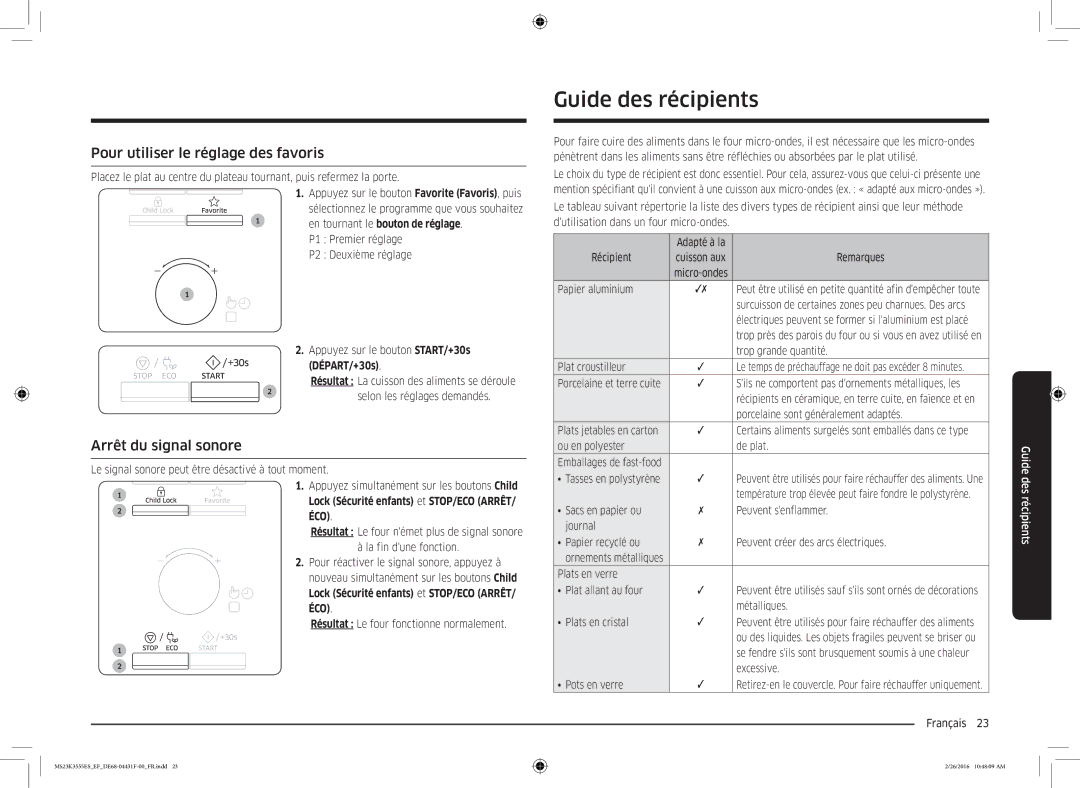 Samsung MS23K3555ES/EF, MS23K3555EW/EF Guide des récipients, Pour utiliser le réglage des favoris, Arrêt du signal sonore 