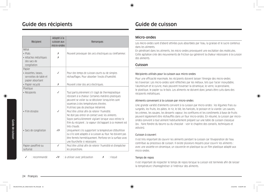 Samsung MS23K3555EW/EF, MS23K3555ES/EF manual Guide de cuisson, Micro-ondes, Cuisson 