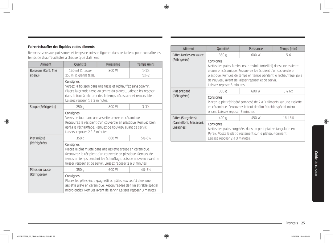 Samsung MS23K3555ES/EF, MS23K3555EW/EF manual Faire réchauffer des liquides et des aliments 