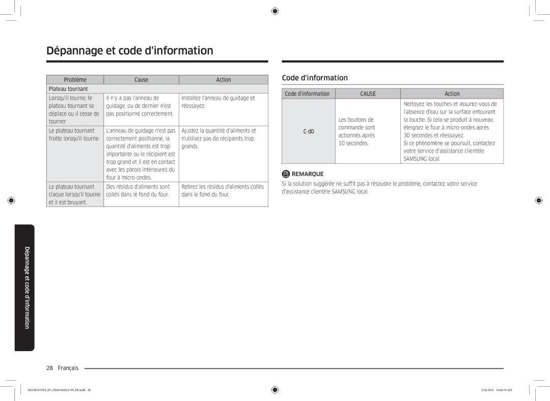 Samsung MS23K3555EW/EF Code dinformation, Tourner Le plateau tournant, Ajustez la quantité daliments et, Samsung local 