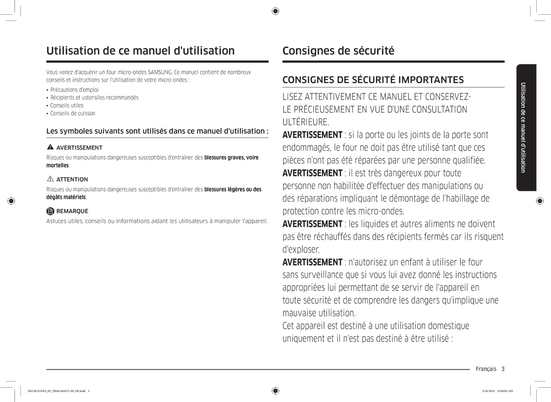 Samsung MS23K3555ES/EF, MS23K3555EW/EF manual Utilisation de ce manuel dutilisation, Consignes de sécurité, Français  