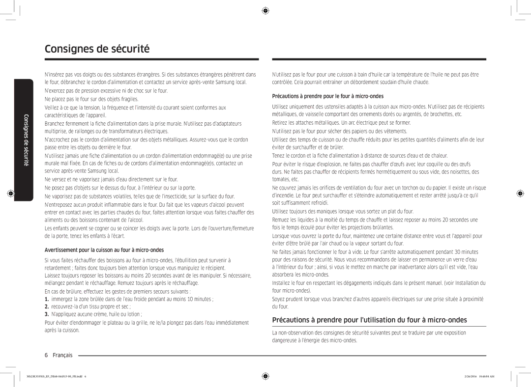 Samsung MS23K3555EW/EF, MS23K3555ES/EF manual Précautions à prendre pour le four à micro-ondes 