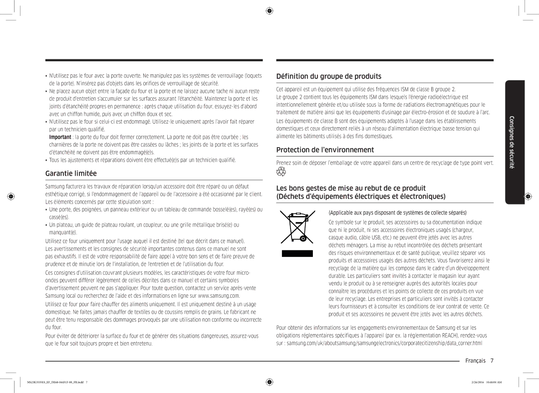 Samsung MS23K3555ES/EF, MS23K3555EW/EF Garantie limitée, Définition du groupe de produits, Protection de l’environnement 