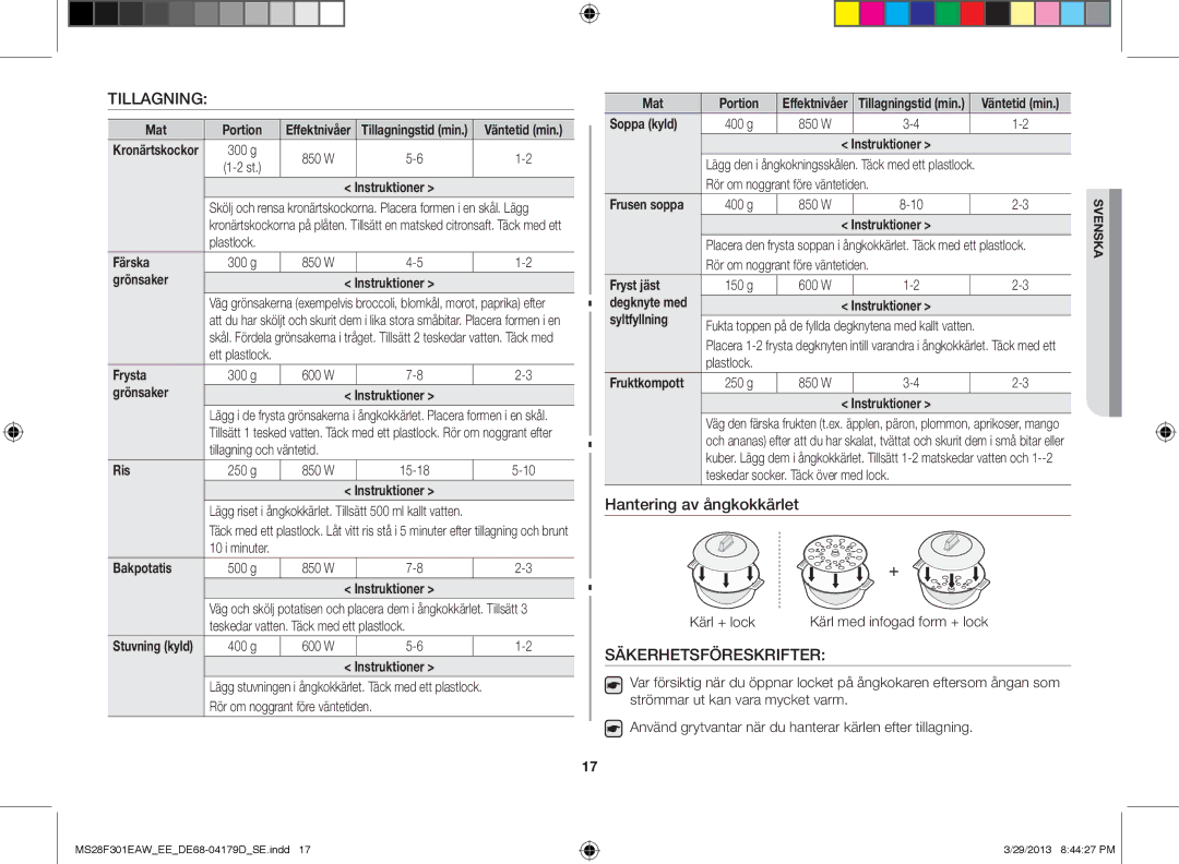 Samsung MS28F301EAS/EE Mat Portion, Färska, Grönsaker Instruktioner, Frysta, Ris, Bakpotatis, Soppa kyld, Fryst jäst 