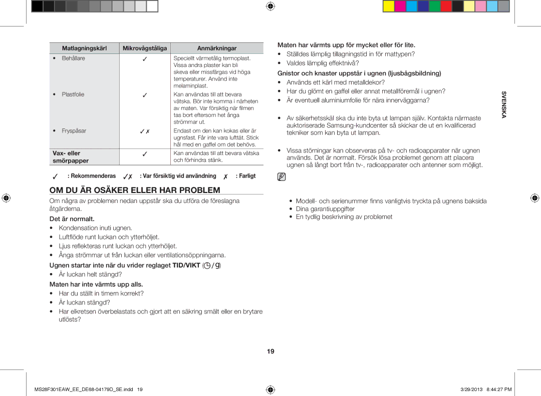 Samsung MS28F301EAS/EE manual Om du är osäker eller har problem, Vax- eller, Smörpapper 