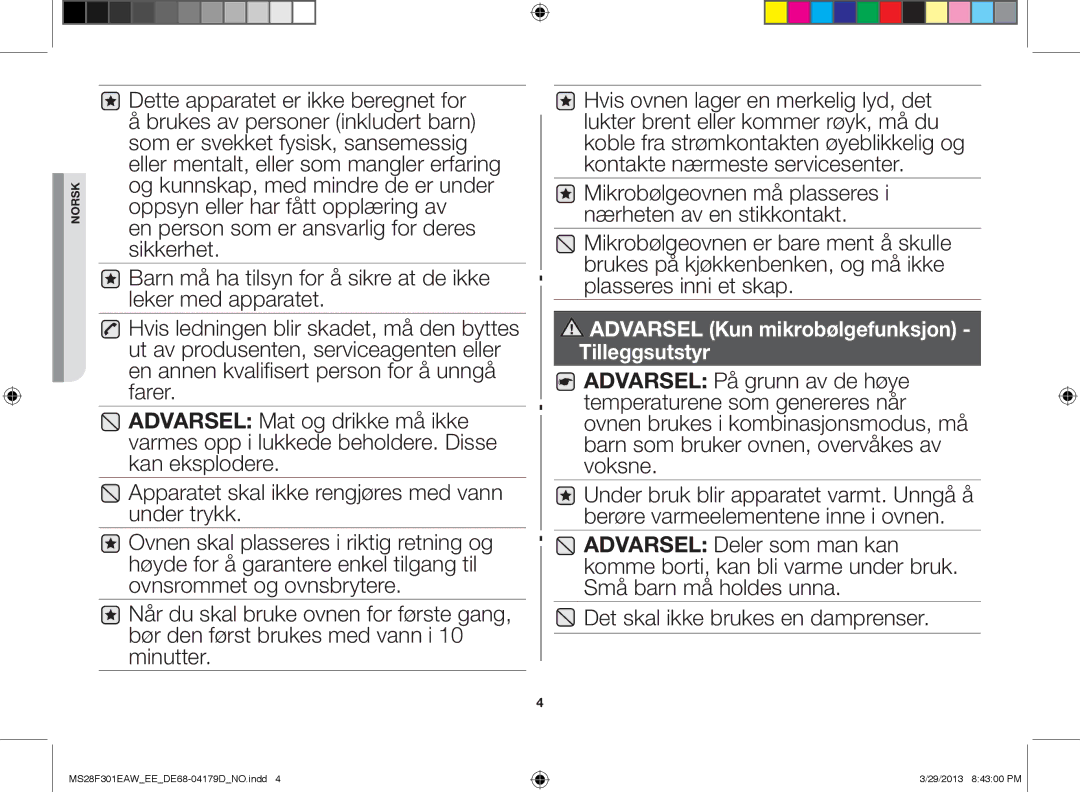 Samsung MS28F301EAS/EE manual Norsk 