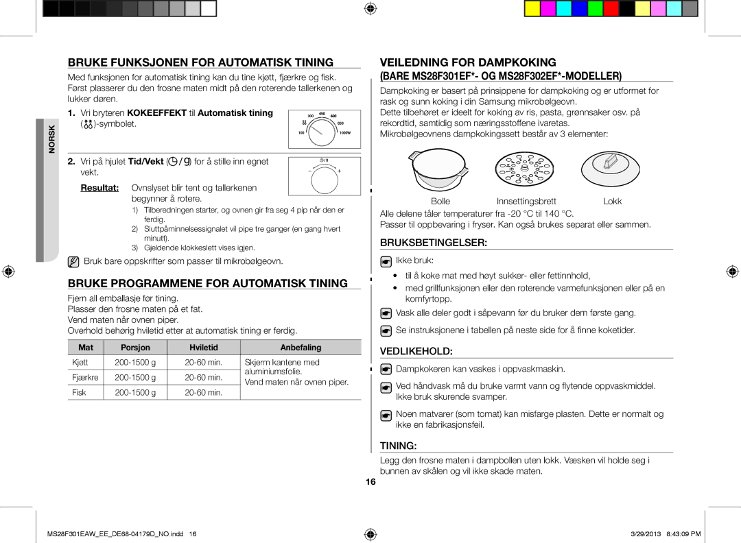 Samsung MS28F301EAS/EE manual Bruke funksjonen for automatisk tining, Bruke programmene for automatisk tining 