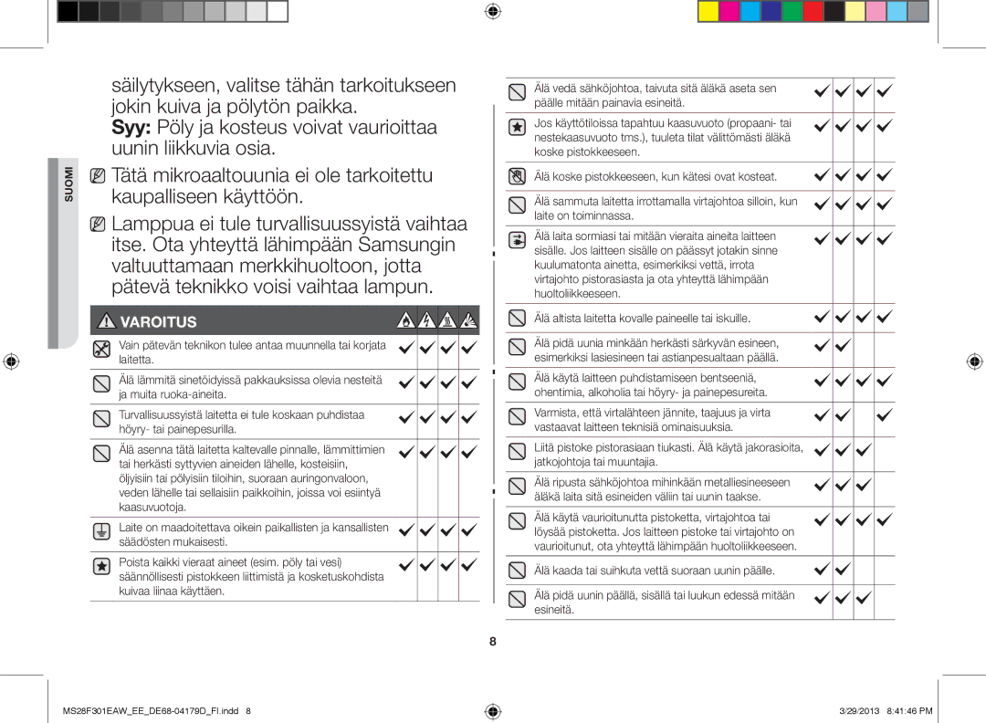 Samsung MS28F301EAS/EE manual Kaupalliseen käyttöön, Varoitus 