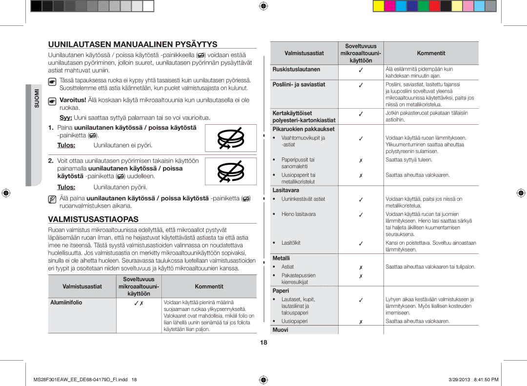 Samsung MS28F301EAS/EE manual Uunilautasen manuaalinen pysäytys, Valmistusastiaopas 