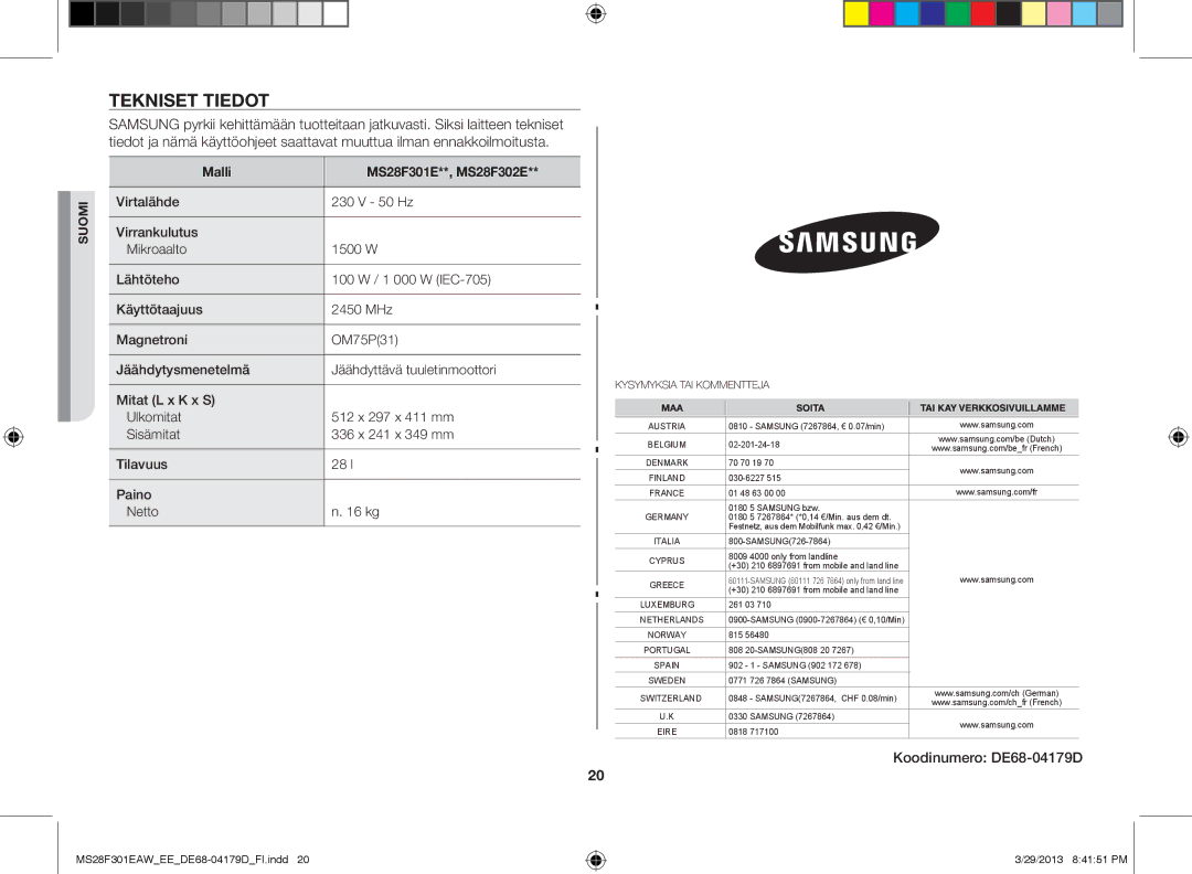 Samsung MS28F301EAS/EE manual Tekniset tiedot, Koodinumero DE68-04179D, Malli MS28F301E**, MS28F302E 