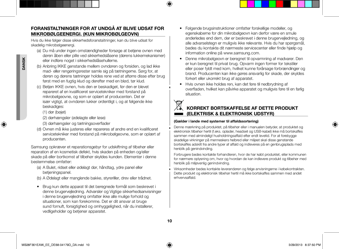 Samsung MS28F301EAS/EE manual Gælder i lande med systemer til affaldssortering 