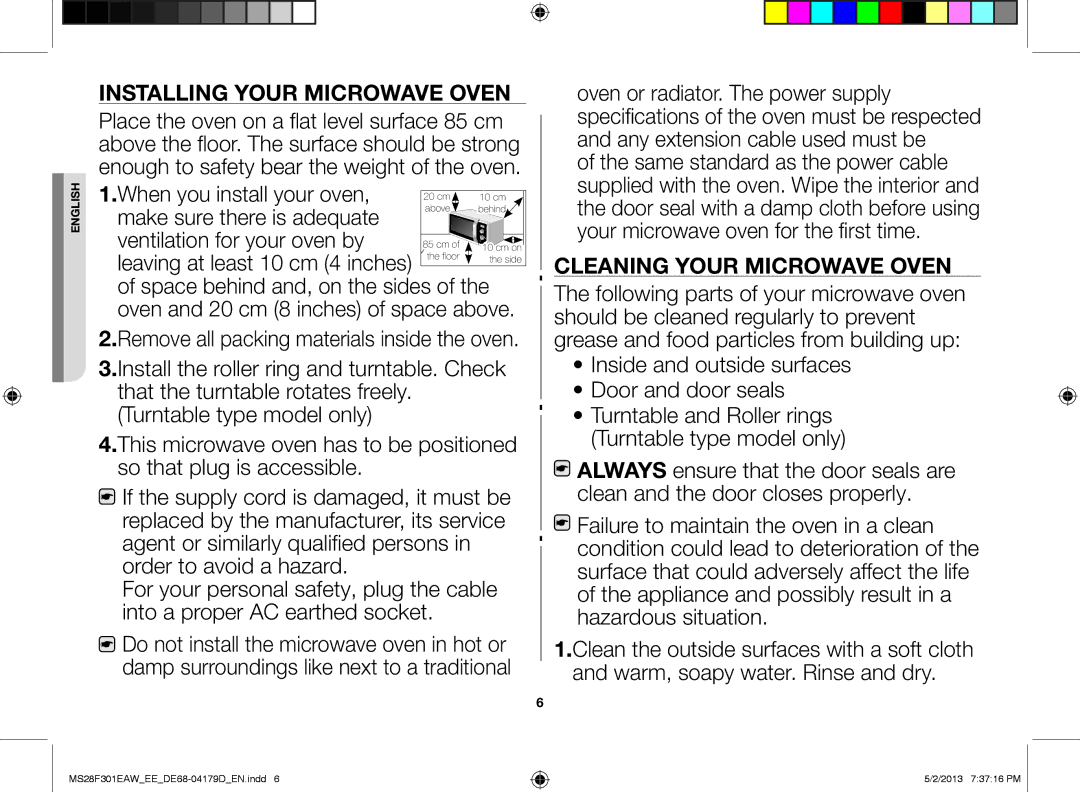 Samsung MS28F301EAS/EE manual Installing your microwave oven, Cleaning your microwave oven 