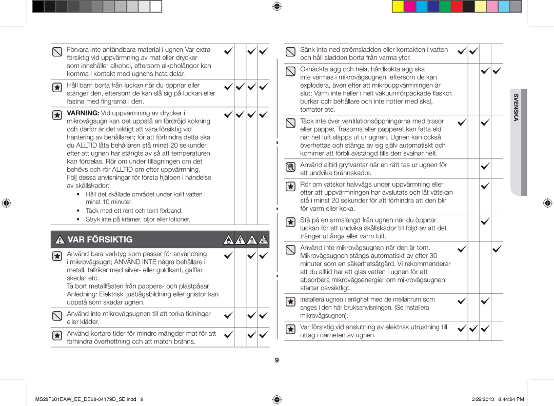 Samsung MS28F301EAS/EE manual VAR Försiktig 