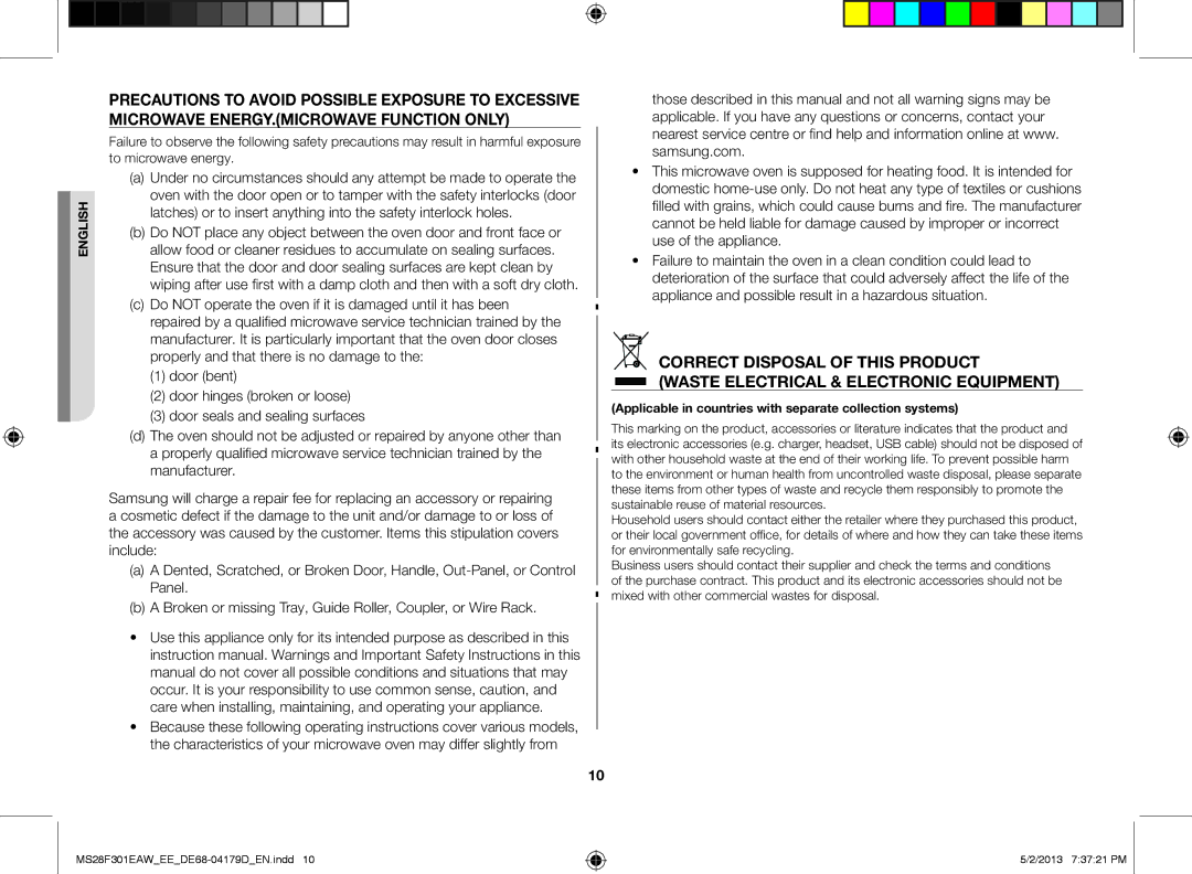 Samsung MS28F301EAS/EE manual Applicable in countries with separate collection systems 