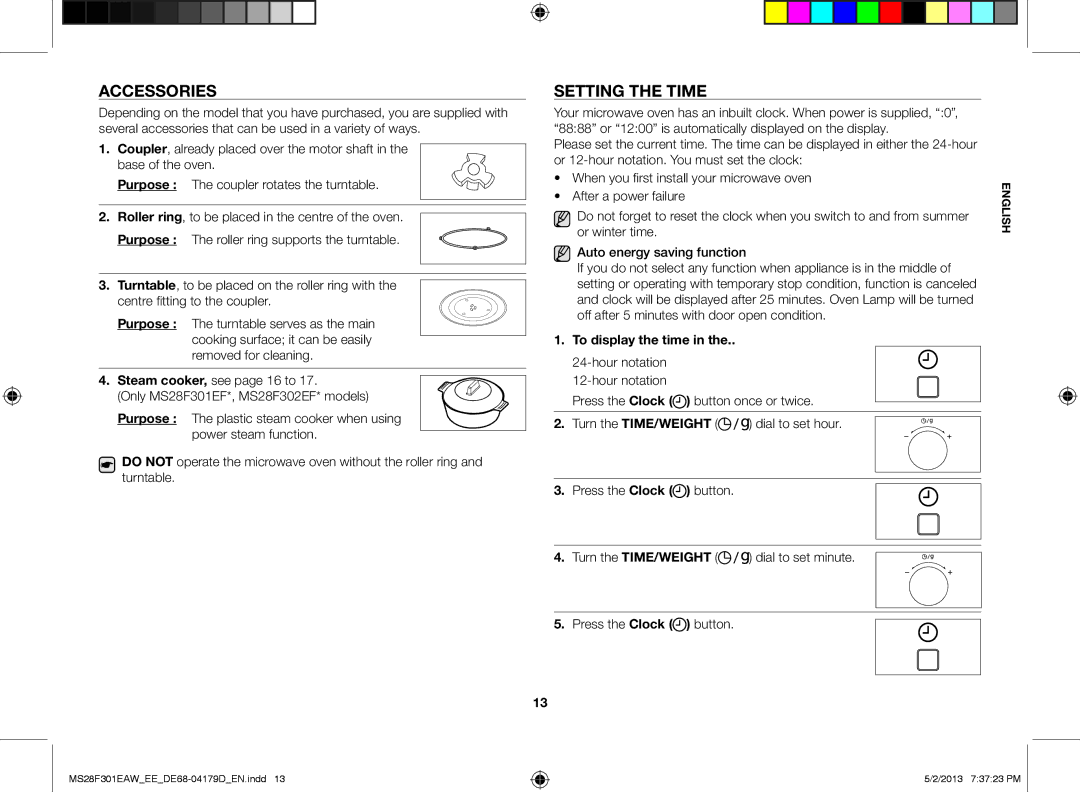 Samsung MS28F301EAS/EE manual Accessories, Setting the time, After a power failure, To display the time 