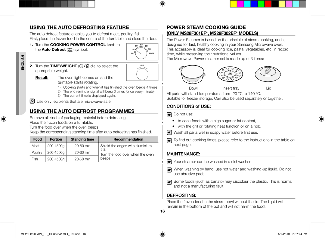 Samsung MS28F301EAS/EE manual Using the auto defrosting feature, Using the Auto defrost programmes 