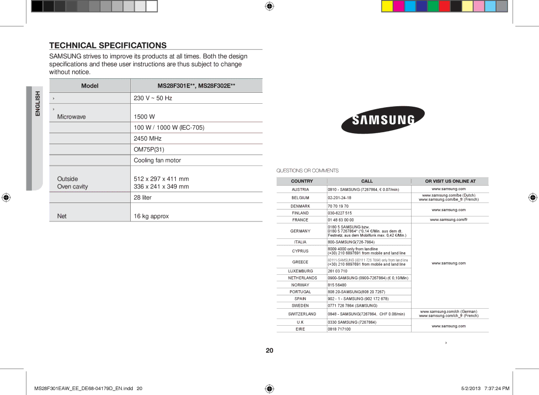 Samsung MS28F301EAW/EE manual Technical specifications, Code No. DE68-04179D 