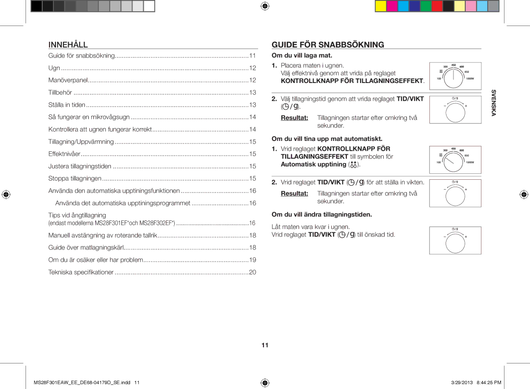 Samsung MS28F301EAW/EE manual Guide för snabbsökning, Tips vid ångtillagning, Om du vill laga mat 