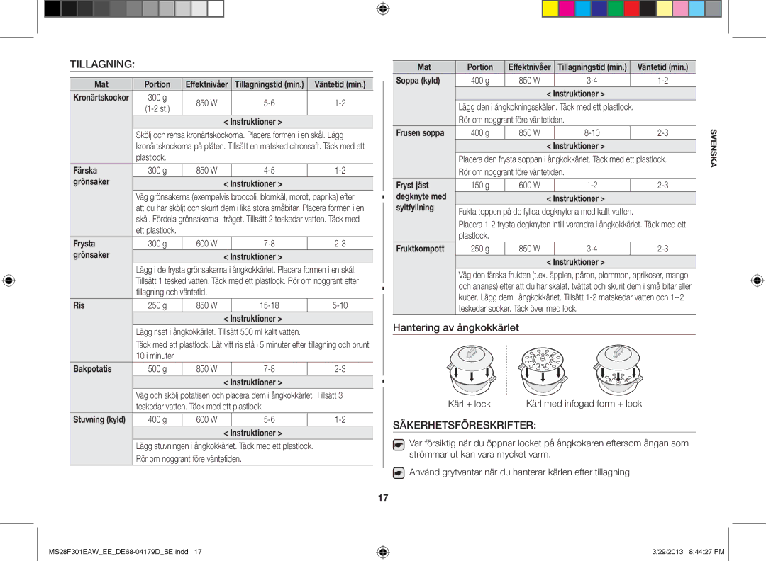 Samsung MS28F301EAW/EE Mat Portion, Färska, Grönsaker Instruktioner, Frysta, Ris, Bakpotatis, Soppa kyld, Fryst jäst 