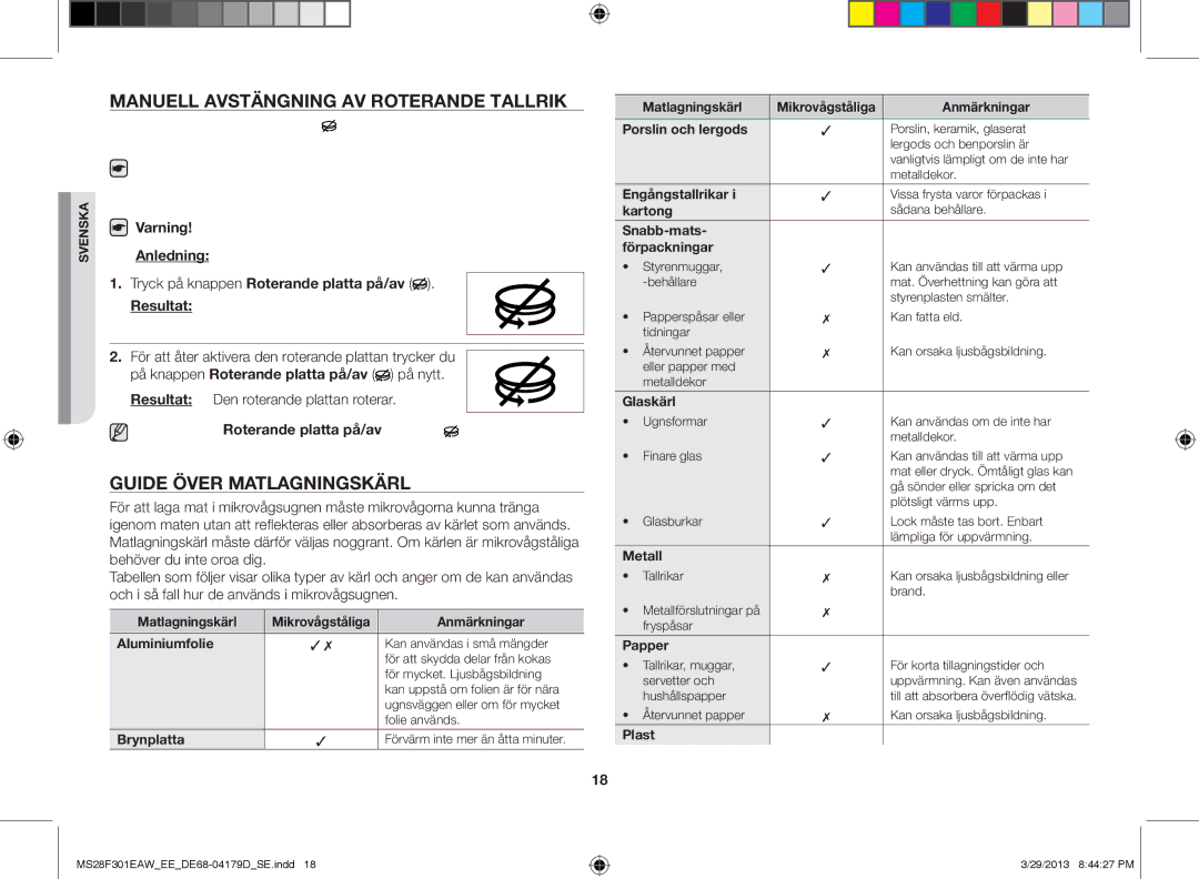 Samsung MS28F301EAW/EE manual Manuell avstängning av roterande tallrik, Guide över matlagningskärl 