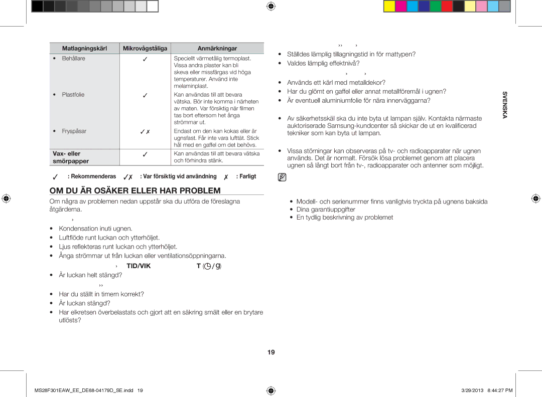 Samsung MS28F301EAW/EE manual Om du är osäker eller har problem, Vax- eller, Smörpapper 